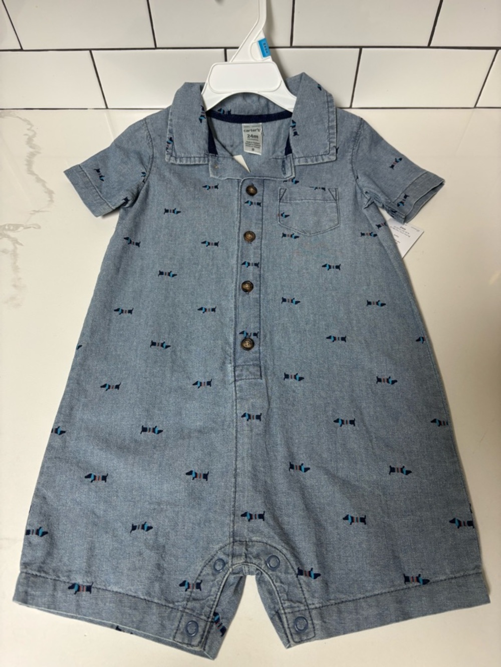 Carter's Light Blue Denim Romper with puppy print